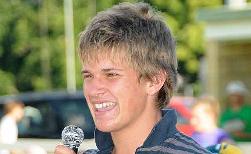 Gympie junior cricketer Brendan Mahaffey speaks to the Albert Park crowd shortly after being awarded the ACA Masters Scholarship. Gympie junior cricketer Brendan Mahaffey speaks to the Albert Park crowd shortly after being awarded the ACA Masters Scholarship.
